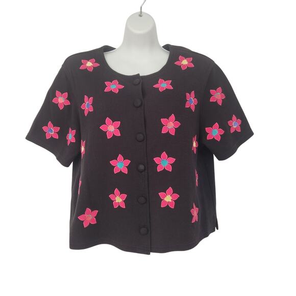 VTG. Bechamel Black Embroidered Floral Sweater Cotton Cardigan Top Women's L - Picture 1 of 8